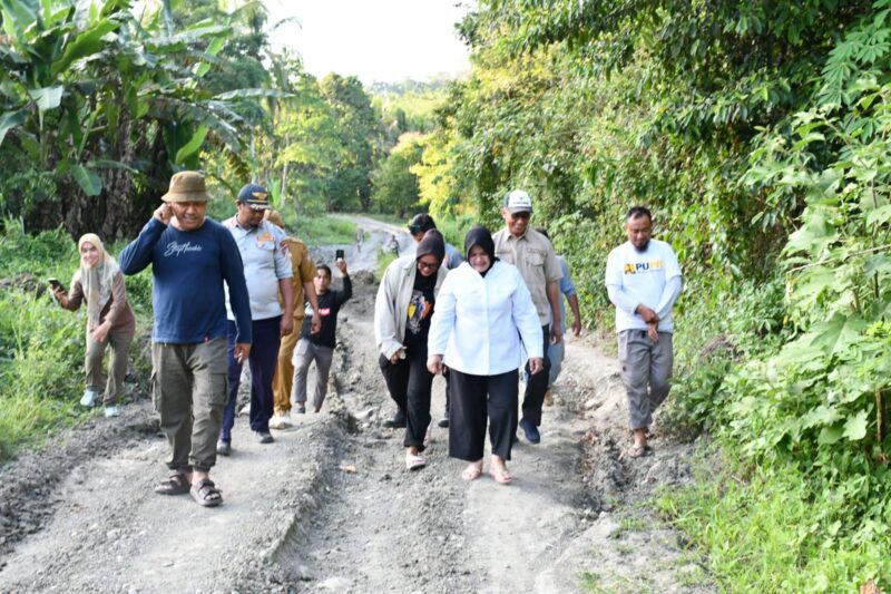 Foto : Wakil Bupati Touna, Surya Lapasiri Didampingi Kadis PUPR, Aspan Supu Saat Melakukan Peninjauan Sejumlah Jalan Rusak Yang Berada di Dataran Bulan.